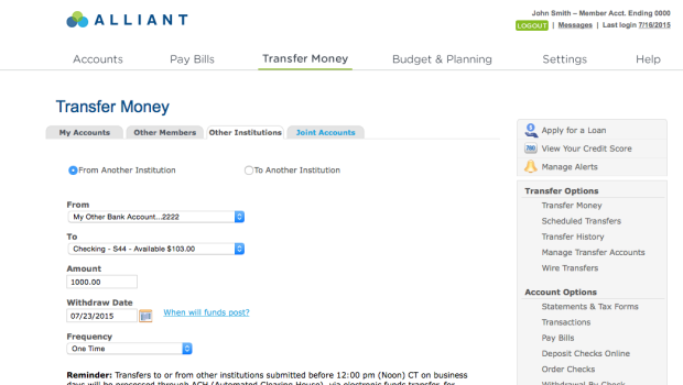 Alliant Credit Union Online Banking - Money Transfers