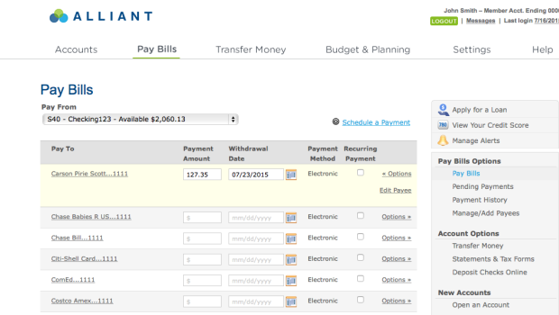 Alliant Credit Union Online Banking - Bill Pay